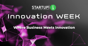 Imagem em fundo preto com desenhos de conexões em roxo. No centro superior a logo do Startupi. Abaixo está escrito em inglês innovation week whrre business meets innovation
